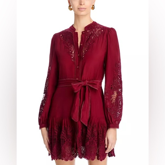 FARM Rio Dresses & Skirts - FARM Rio: Burgundy Long Sleeve Lace Detail Mini Dress